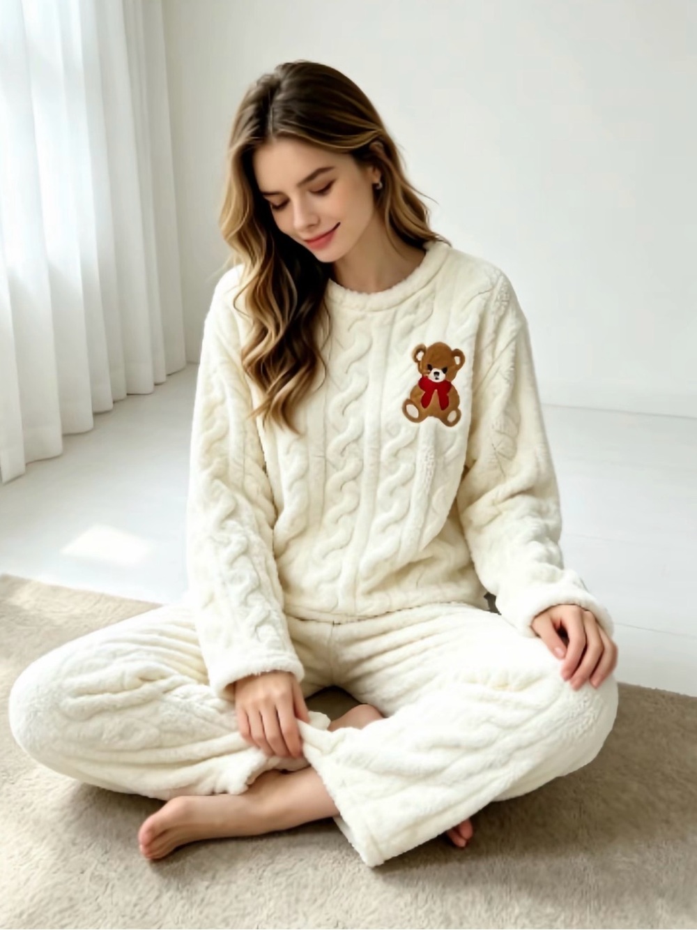 Cozy Cream Cable-Knit Teddy Pajama Lounge Set New - Picture 3 of 5